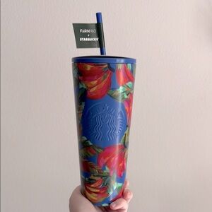 Starbucks x Farm Rio Blue Colorful Banana Print Tumbler Cup with Straw 24 oz NWT